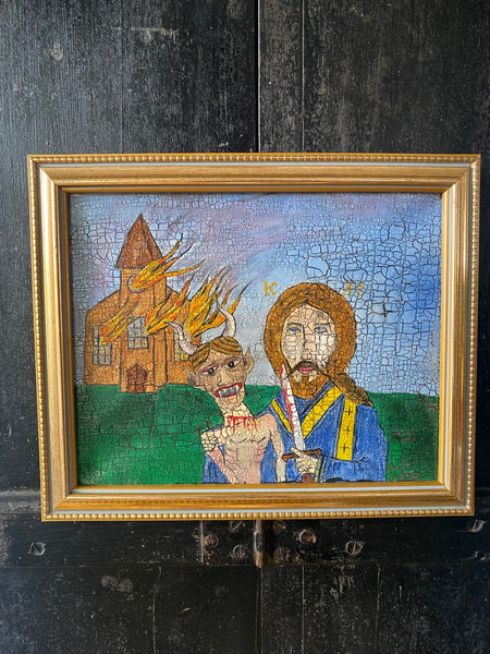 Vintage Naive Oil On Canvas Folk Art Painting