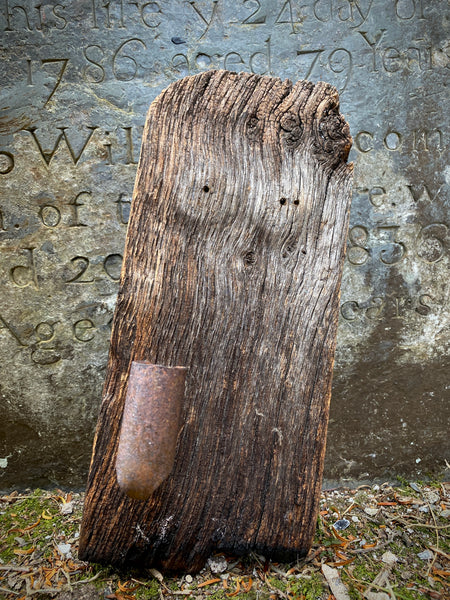 Primitive Antique 18th Century Wrought Iron Wall Spike Candle Holder Stabbed Into A Piece Of Wood