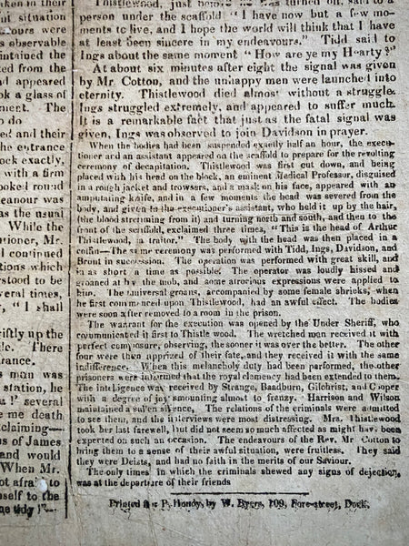 Rare Antique 19th Century Execution Broadside For The Execution Of Arthur Thistlewood and the Cato Street conspirators 1820 - Source Vintage