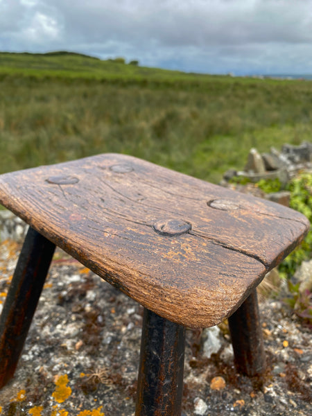 Rare Antique Late 18th - Early 19th Century Candle Stool With Carved Apotropaic Marian Mark - Source Vintage