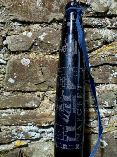 Rare 19th Century Folk Art Glass Rolling Pin Profusely Stippled With Name, Date & Various Seafaring Imagery