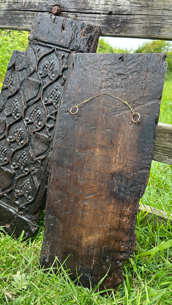 Extremely Rare Pair Of English 15th Century Oak Heraldic Panels With Rare Concentric Circle Apotropaic Witch Marks & Scorch Marks
