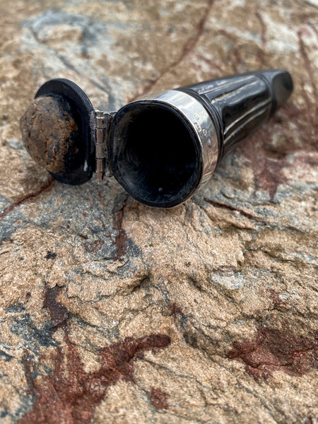 Rare Antique 19th Century Carved Horn & Sterling Silver Snuff Mull With Mysterious Allegorical Silver Head - Source Vintage