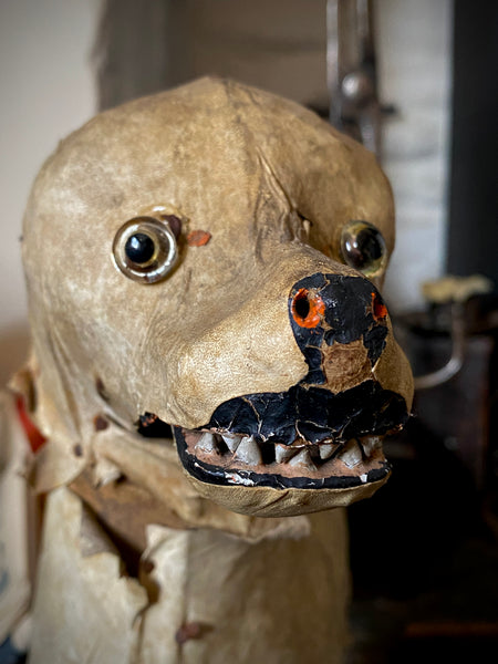 Early 20th Century Haunting Folk Art Dog With Opening Mouth & Pop Out Eye