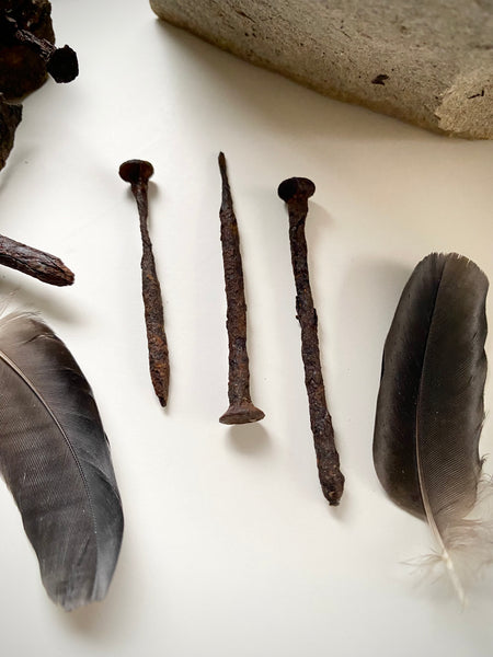 Grave Digger Collection Of An Early 19th C. Gravestone Fragment & Coffin Nails With Remnants Of Coffin Wood Of The Same Period - Source Vintage