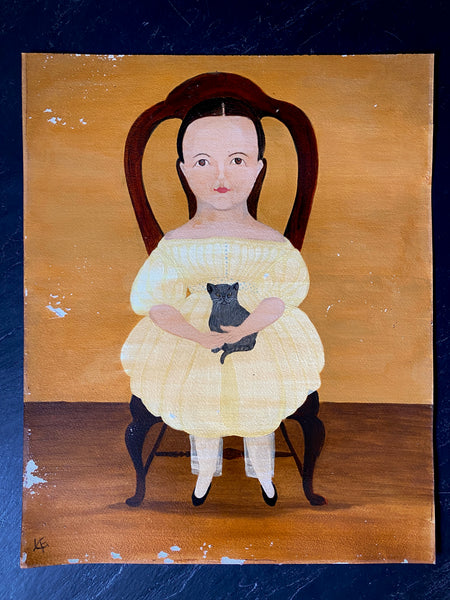 Naive Folk Art Oil Painting Child Holding A Cat By Leslie Stafford (1949–2024)