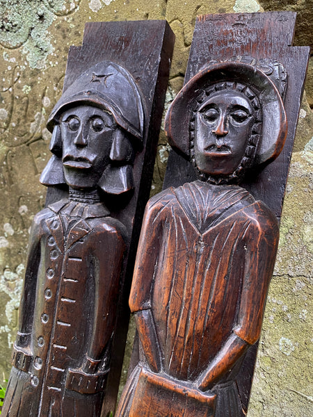 Utterly Charming Pair Antique Folky Carved Wooden Caryatid Figures