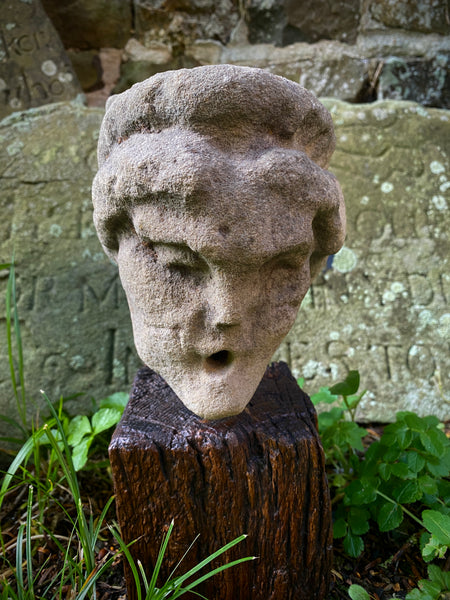 Disturbing Antique Stone Carving Of A Hag / Witch / Ghost Like Entity On A Later Wooden Base - Source Vintage