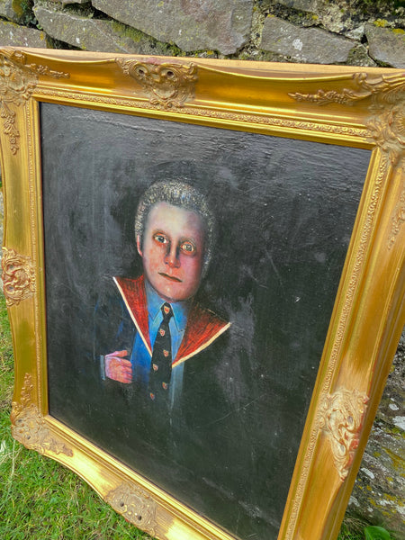 Vintage Naive Folk Art Portrait Painting Oil On Board By Ian. W. Edwards 1947-2024 - Source Vintage