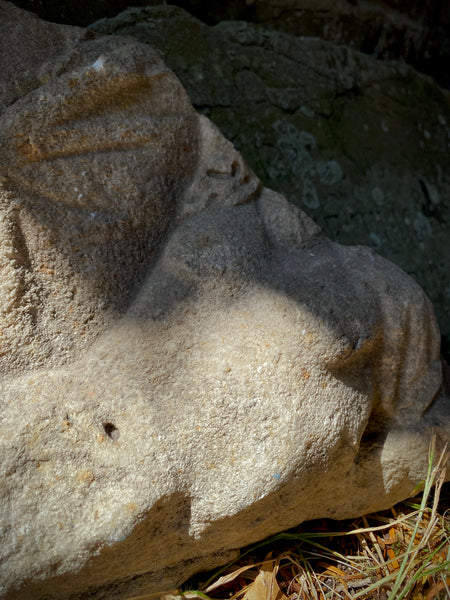 Antique Architectural Ecclesiastical Carved Stone Fragment Depicting Cherub/Angel Standing Over Fallen Figure, Possibly Lucifer