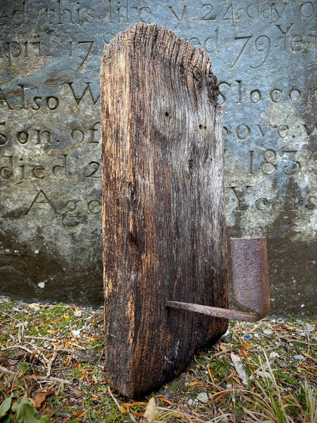 Primitive Antique 18th Century Wrought Iron Wall Spike Candle Holder Stabbed Into A Piece Of Wood
