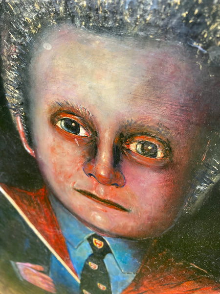 Vintage Naive Folk Art Portrait Painting Oil On Board By Ian. W. Edwards 1947-2024 - Source Vintage