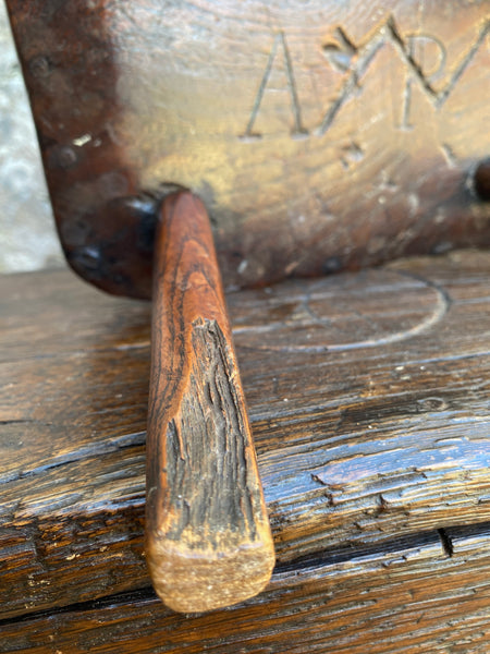 Rare Antique 18th C. English Elm Candle Stool With Carved Initials & Apotropaic Mark - Source Vintage