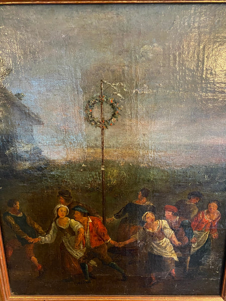 Antique 18th-19th Century Midsummer Maypole Dancing Oil On Canvas Painting - Source Vintage