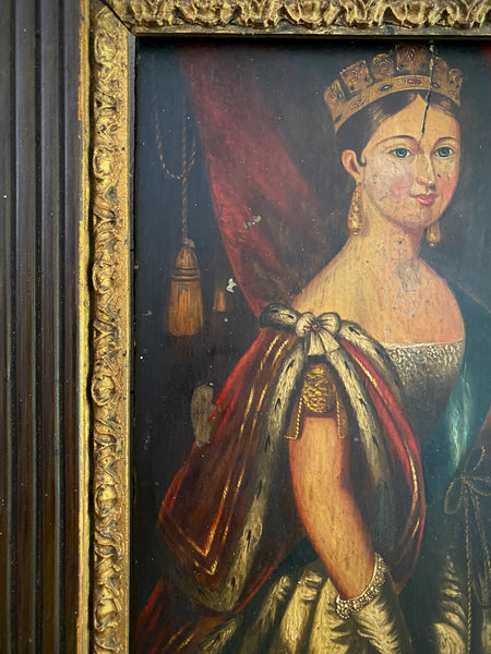 Antique Mid-19th Century Oil On Board Folk Art Portrait Painting Of A Young Queen Victoria c.1838