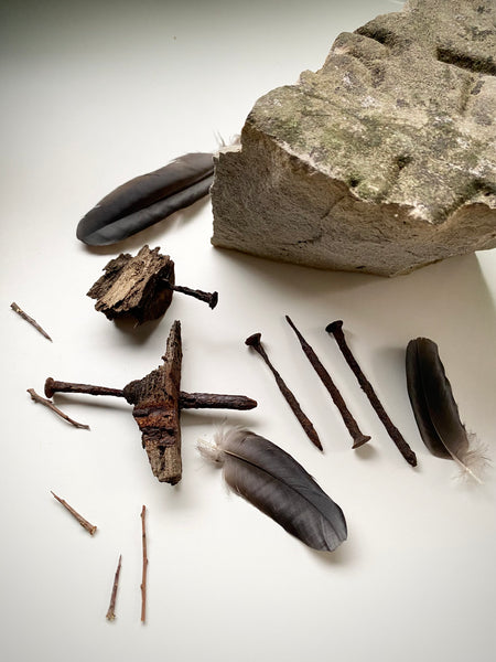 Grave Digger Collection Of An Early 19th C. Gravestone Fragment & Coffin Nails With Remnants Of Coffin Wood Of The Same Period - Source Vintage