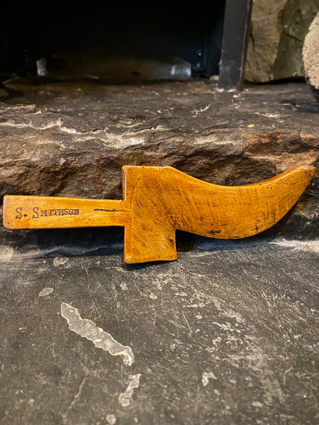 Antique Mid 19th Century Applewood Knitting Sheath With A Engraved Owner’s Name, ‘S. Smithson’, & Naive Image Of A Shoe - Source Vintage