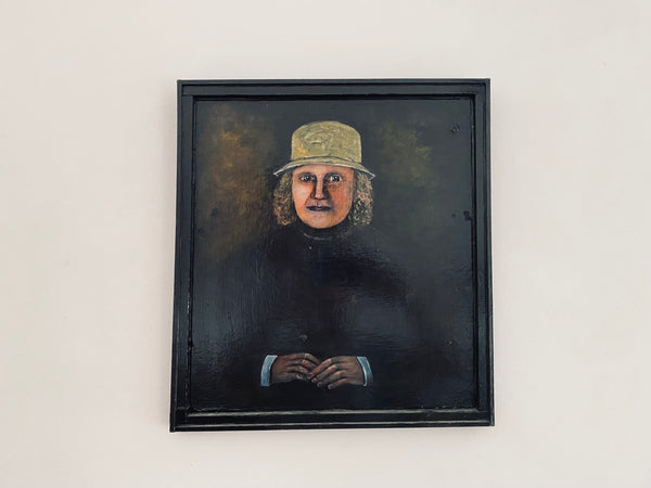 Vintage Naive Folk Art Portrait Painting Oil On Board By Ian. W. Edwards 1947-2024 - Source Vintage