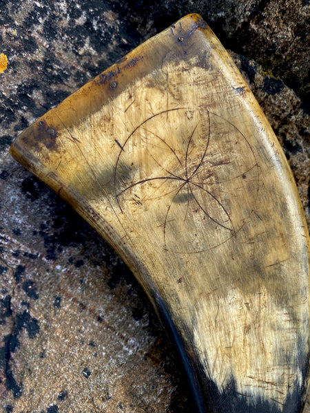 Antique 19th Century Powder Horn Featuring A Prominent Daisy Wheel Or Hexafoil