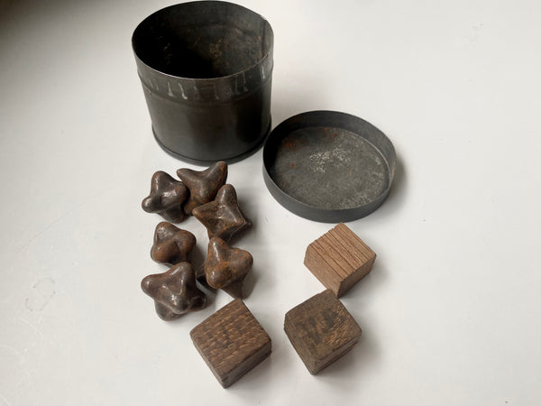 Curious Collection Of Antique Military Caltrop Crow's Feet, 3 x Homemade Dice & A Tin c.1860 - Source Vintage