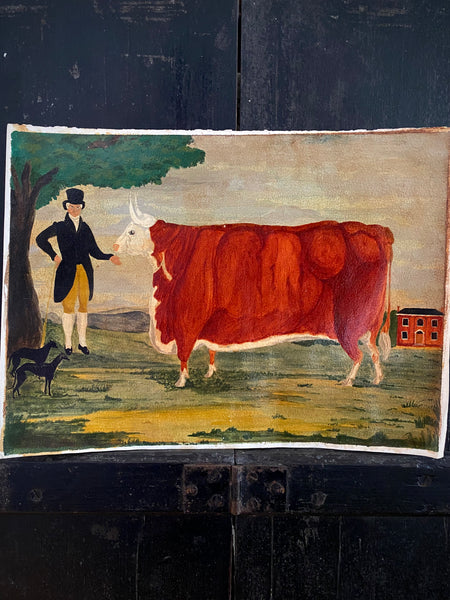 Naive Folk Art Oil Painting Squire With Cow & Dogs By Leslie Stafford (1949–2024)