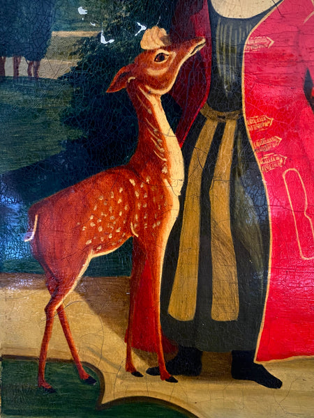 Naive Folk Art Oil Painting Child Holding A Deer By Leslie Stafford (1949–2024)