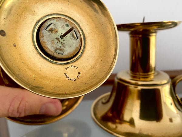 Pair 19th Century Brass Candlesticks With Intriguing Engravings From The Inventor - Source Vintage