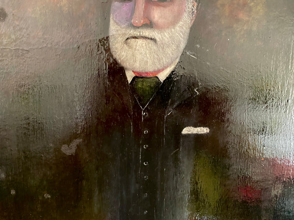 Vintage Naive Folk Art Portrait Painting Oil On Board By Ian. W. Edwards 1947-2024 - Source Vintage