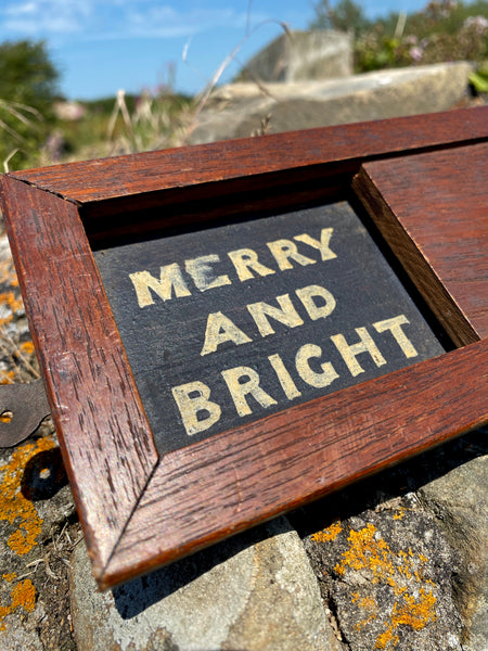Bizarre Vintage Folk Art Sliding Sign “Merry And Bright” / “Mouldy”