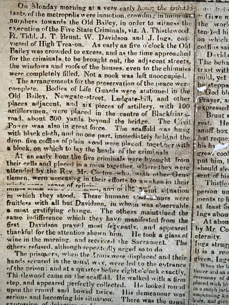 Rare Antique 19th Century Execution Broadside For The Execution Of Arthur Thistlewood and the Cato Street conspirators 1820 - Source Vintage