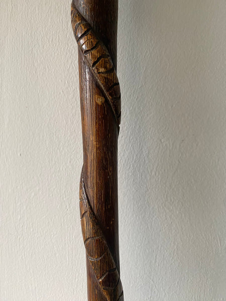 Rare Antique Carved Folk Art Walking Cane With Snake & Glass Marbles Inside c.1900 - Source Vintage