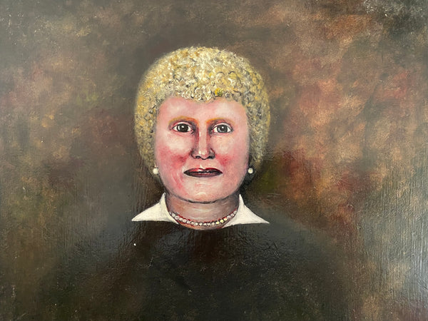 Vintage Naive Folk Art Portrait Painting Oil On Board By Ian. W. Edwards 1947-2024 - Source Vintage