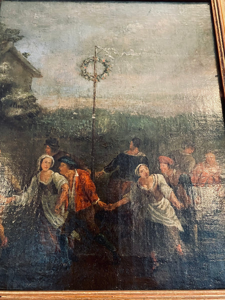 Antique 18th-19th Century Midsummer Maypole Dancing Oil On Canvas Painting - Source Vintage