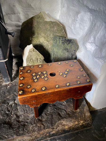 Unusual Antique 19th Century Solid Mahogany Stool With Brass Studs With Initials ‘R.V’ Possible Love Token - Source Vintage