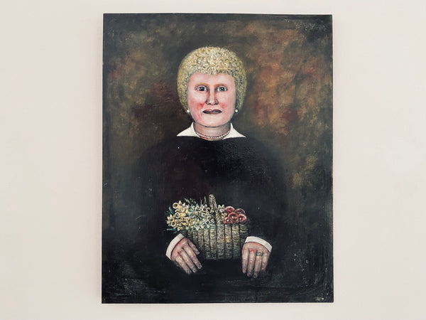 Vintage Naive Folk Art Portrait Painting Oil On Board By Ian. W. Edwards 1947-2024 - Source Vintage