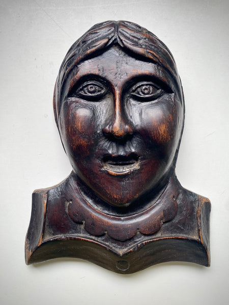 Antique 18th-19th Century Folk Art Carved Wooden Face Of A Woman