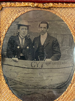Unusual Antique 19th Century Tintype Portrait Of A Couple Behind A Boat Prop