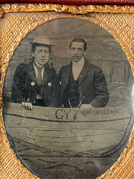 Unusual Antique 19th Century Tintype Portrait Of A Couple Behind A Boat Prop - Source Vintage