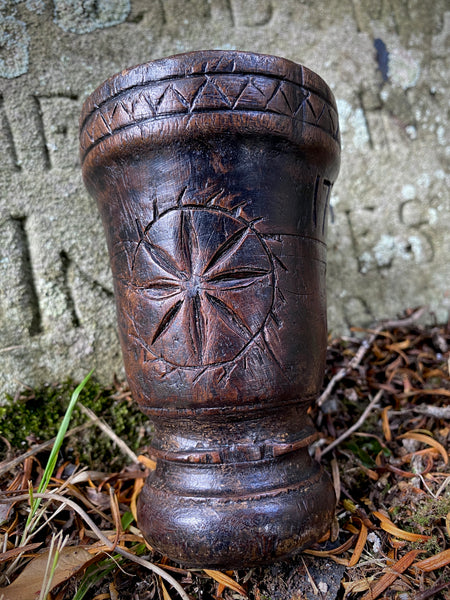 Rare 18th Century Goblet Carved From A Single Piece Of Oak With Assortment Of Protection Marks Dated 1779 - Source Vintage