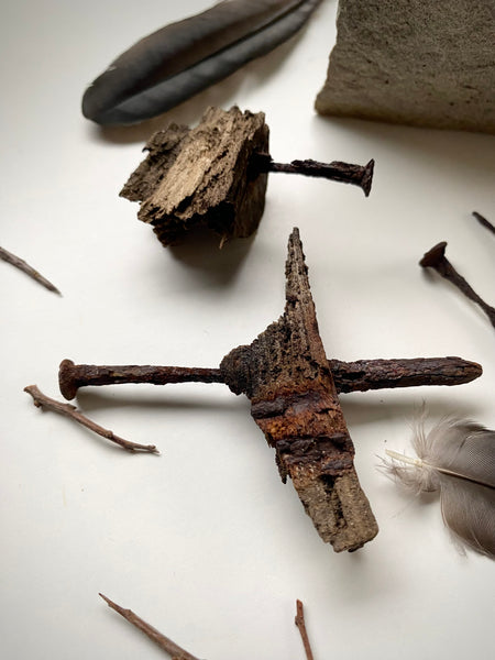 Grave Digger Collection Of An Early 19th C. Gravestone Fragment & Coffin Nails With Remnants Of Coffin Wood Of The Same Period - Source Vintage