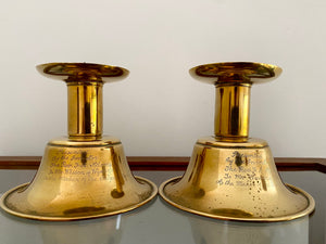 Pair 19th Century Brass Candlesticks With Intriguing Engravings From The Inventor