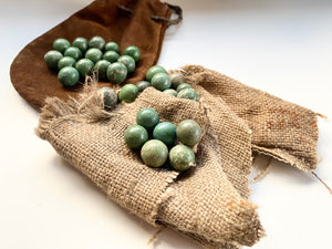 **RESERVED** Lot Of Antique Clay Handmade Marbles With Suede Drawstring Pouch & Old Fabric