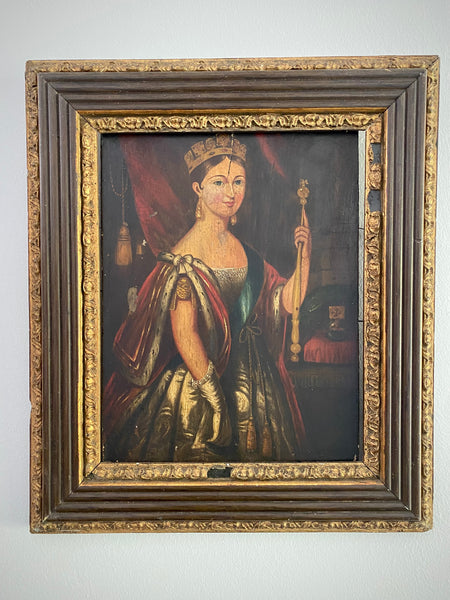 Antique Mid-19th Century Oil On Board Folk Art Portrait Painting Of A Young Queen Victoria c.1838