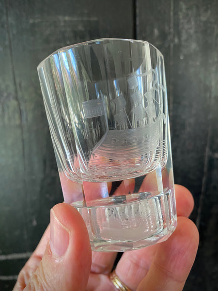 Antique 19th Century Gaming Gambling Glass Engraved With ‘Success To The Renown’ & An Image Of A Schooner Ship