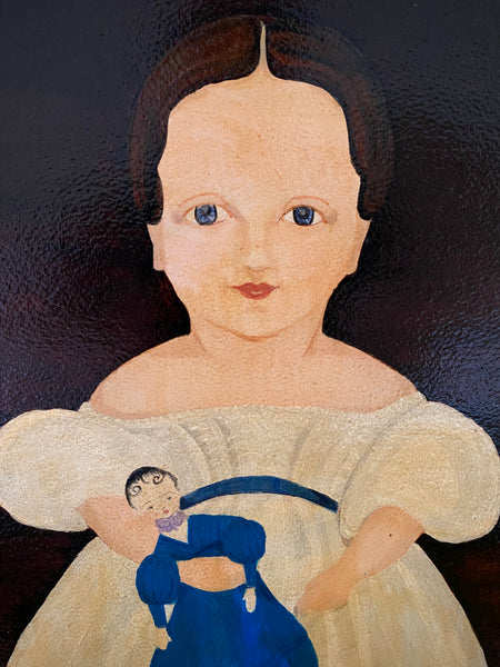 Naive Folk Art Oil Painting Child Holding A Doll By Leslie Stafford (1949–2024) - Source Vintage