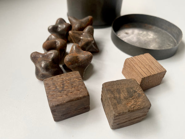 Curious Collection Of Antique Military Caltrop Crow's Feet, 3 x Homemade Dice & A Tin c.1860 - Source Vintage