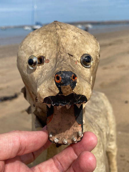 Early 20th Century Haunting Folk Art Dog With Opening Mouth & Pop Out Eye