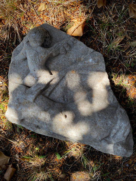 Antique Architectural Ecclesiastical Carved Stone Fragment Depicting Cherub/Angel Standing Over Fallen Figure, Possibly Lucifer