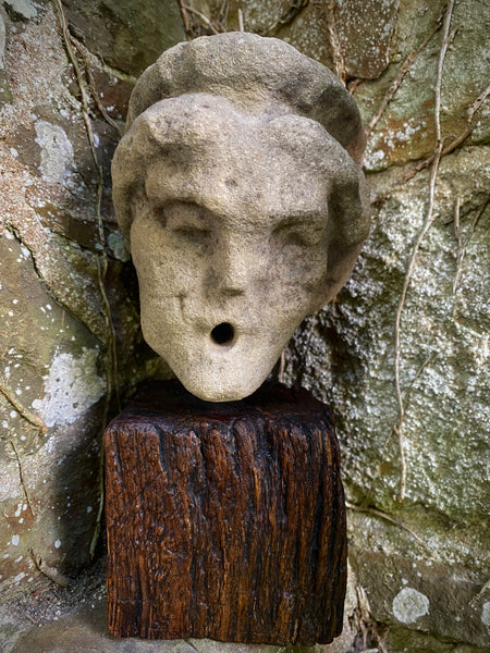 Disturbing Antique Stone Carving Of A Hag / Witch / Ghost Like Entity On A Later Wooden Base - Source Vintage