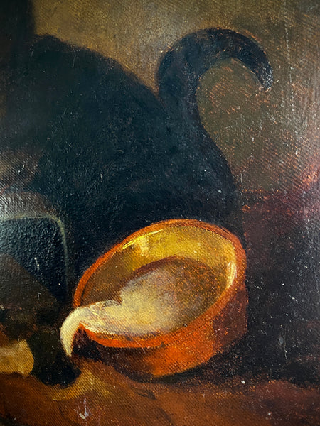 Antique 19th Century Unhinged Folk Art Oil On Canvas Painting Of A Demented Cat